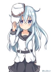 Rule 34 | 10s, 1girl, black skirt, blue eyes, blue hair, blush, closed mouth, collarbone, hammer and sickle, hat, hibiki (kancolle), highres, holding, holding clothes, holding hat, kantai collection, long hair, looking at viewer, nan0teck, skirt, smile, solo, unworn hat, unworn headwear, verniy (kancolle), white hat