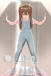 Rule 34 | 1girl, backlighting, bathroom, blue footwear, blue overalls, blush, breath, brown hair, collarbone, commission, cross-laced footwear, door, embarrassed, female focus, flat chest, full body, green eyes, green ribbon, hair between eyes, hair ornament, hair ribbon, hands up, highres, indoors, leaf hair ornament, legs apart, long hair, looking down, nose blush, open mouth, original, overalls, pee, peeing, peeing self, pocket, puddle, ribbon, shirt, shoes, short sleeves, sidelocks, skeb commission, sneakers, socks, solo, squat toilet, standing, t-shirt, tears, tile floor, tiles, toilet, toilet paper, toilet stall, twintails, urabe miyabi, wet, wet clothes, white shirt, white socks
