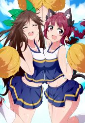 Rule 34 | 2girls, :d, ^ ^, alternate costume, animal ears, arm up, blush, bow, braid, breast press, breasts, brown hair, bwell, cat ears, cat tail, cheerleader, cleavage, closed eyes, fang, hair bow, kaenbyou rin, large breasts, long hair, looking at viewer, midriff, multiple girls, multiple tails, navel, open mouth, pointy ears, pom pom (cheerleading), red eyes, red hair, reiuji utsuho, skirt, smile, sweat, symmetrical docking, tail, touhou, twin braids, white legwear