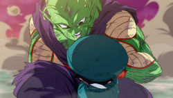 Rule 34 | 1boy, 1girl, antennae, battle damage, black eyes, black hair, blood, child, colored blood, colored skin, dragon ball, dragon ball super, dragon ball super super hero, green skin, hat, open mouth, pan (dragon ball), piccolo, pointy ears, purple blood, rom (20), torn clothes