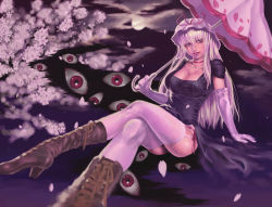 Rule 34 | 1girl, ass, backlighting, blonde hair, boots, branch, breasts, cherry blossoms, choker, cleavage, cloud, collarbone, crossed legs, dress, elbow gloves, female focus, floating, floral print, flower, foreshortening, full moon, gap (touhou), garter belt, gloves, hat, hat ribbon, high heel boots, high heels, highres, holding, holding umbrella, large breasts, lips, lipstick, long hair, looking to the side, makeup, mob cap, moon, murasaki-sin, night, night sky, petals, purple eyes, realistic, red eyes, red lips, ribbon, shoes, short sleeves, sitting, sky, smile, solo, star (sky), taut clothes, taut dress, teeth, thighhighs, touhou, umbrella, white gloves, white thighhighs, yakumo yukari