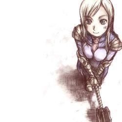 Rule 34 | 1girl, aqua eyes, armor, armored boots, ascot, between breasts, blonde hair, boots, breasts, cape, closed mouth, dress, elona, eyebrows, from above, full body, gauntlets, golden knight (elona), holding, holding weapon, knight, lavender dress, long hair, long vowel mark, looking at viewer, mace, nose, purple cape, red ascot, shadow, shoulder armor, sidelocks, simple background, sketch, smile, solo, standing, straight hair, swept bangs, v arms, weapon, white background