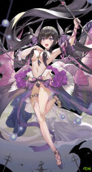 Rule 34 | 1girl, arm up, artist name, atdan, bare legs, bare shoulders, bat wings, bikini, black background, black hair, black nail polish, black nails, breasts, choker, detached sleeves, flower, goddess paradise, hair ornament, head wings, highres, holding, holding staff, horns, jewelry, long hair, medium breasts, navel, necklace, open mouth, persephone (goddess paradise), purple eyes, sandals, smile, staff, swimsuit, symbol-shaped pupils, thighlet, wings