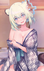 Rule 34 | 1girl, animal ears, bath yukata, blue archive, blue halo, blush, breasts, cleavage, collarbone, green hair, hair between eyes, halo, highres, japanese clothes, kimono, long sleeves, looking at viewer, mi taro333, obi, official alternate costume, open mouth, purple eyes, sash, shigure (blue archive), shigure (hot spring) (blue archive), short hair, smile, solo, tail, weasel ears, weasel tail, wide sleeves, yukata