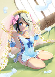 Rule 34 | 1girl, :d, backlighting, bare shoulders, blue eyes, bob cut, bra, breasts, bridal veil, camisole, choker, cleavage, feathers, grey hair, bridal garter, looking at viewer, moe2021, multicolored hair, open mouth, original, personification, sasatsuyu, short hair, sitting, sleeveless, smile, solo, spaghetti strap, strap pull, two-tone hair, underwear, veil, wariza, waving, wedding