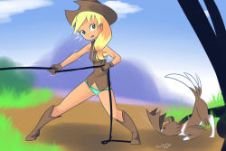 Rule 34 | 1girl, animal, applejack, blonde hair, boots, breasts, brown footwear, brown fur, brown gloves, brown headwear, brown vest, clothes theft, cloud, collar, colored skin, cowboy hat, dog, drantyno, freckles, gloves, grass, green eyes, green panties, hasbro, hat, long hair, my little pony, my little pony: equestria girls, my little pony: friendship is magic, open mouth, orange skin, panties, ponytail, pulling, rope, sky, small breasts, standing, striped clothes, striped panties, surprised, teeth, theft, tree, underwear, vest, winona (mlp)