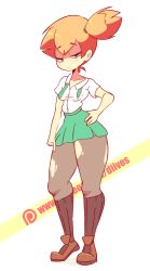 Rule 34 | 1girl, alternate costume, animated, animated gif, artist name, black socks, blue eyes, blush, breasts, brown footwear, cleft of venus, clothes lift, collarbone, creatures (company), diives, female focus, full body, game freak, green necktie, green skirt, hair tie, half-closed eyes, hand on own hip, hand to own mouth, hand up, kneehighs, lifted by self, looking at viewer, misty (pokemon), navel, necktie, nintendo, no panties, open mouth, orange hair, pantyhose, patreon logo, pokemon, pokemon rgby, ponytail, pussy, school uniform, shirt, shoes, short hair, short sleeves, side ponytail, simple background, skirt, skirt lift, small breasts, socks, solo, standing, teeth, text focus, torn clothes, torn legwear, uncensored, undone necktie, watermark, web address, white background, white shirt