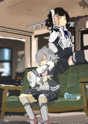 Rule 34 | 2girls, absurdres, alternate hair color, behind another, black hair, black jacket, black skirt, black thighhighs, blazer, blurry, blurry background, blush, cevio, closed mouth, collared shirt, commentary, controller, couch, double bun, flipped hair, game controller, grey hair, grey sweater, hair bun, hair ornament, hairclip, half-closed eyes, hand up, highres, holding, holding controller, holding game controller, indoors, jacket, kabuyama kaigi, kneehighs, koharu rikka, light gun, long hair, long sleeves, looking ahead, looking to the side, mole, mole under eye, multicolored clothes, multicolored jacket, multiple girls, natsuki karin, on couch, open clothes, open jacket, outstretched arm, pink eyes, playing games, ribbed socks, school uniform, shirt, shirt tucked in, shoes, short hair, sitting, skirt, sneakers, socks, sweater, synthesizer v, tented shirt, thighhighs, twintails, two-tone jacket, wavy hair, white shirt, white sleeves, white socks, wii racing wheel, wii remote, wii zapper
