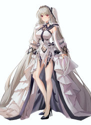Rule 34 | 1girl, absurdly long hair, absurdres, azur lane, bare legs, black choker, black footwear, black ribbon, blush, bow, breasts, bridal gauntlets, ccclann, chinese commentary, choker, closed mouth, clothing cutout, dress, dress bow, feather dress, formidable (azur lane), formidable (timeless classics) (azur lane), frilled dress, frills, full body, gloves, grey hair, hair between eyes, hair intakes, hair ribbon, hair tubes, high heels, highres, large breasts, legs, long hair, looking at viewer, midriff, navel, navel cutout, official alternate costume, red eyes, ribbon, sailor collar, simple background, solo, standing, thighs, twintails, very long hair, white background, white dress, white gloves