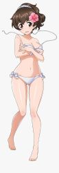 Rule 34 | 10s, 1girl, absurdres, bikini, breasts, brown eyes, brown hair, cleavage, collarbone, curvy, embarrassed, flower, full body, girls und panzer, hair between eyes, hair flower, hair ornament, hair scrunchie, high ponytail, highres, koyama yuzu, large breasts, long hair, looking at viewer, navel, official art, open mouth, pink flower, scrunchie, shiny skin, side-tie bikini bottom, simple background, solo, standing, swimsuit, tears, thighs, untied bikini, white background, white bikini, wide hips