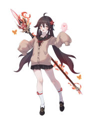 Rule 34 | 1girl, absurdres, ahoge, alternate costume, black footwear, black skirt, blush, boo tao (genshin impact), brown cardigan, brown hair, bug, butterfly, cardigan, collarbone, commentary, contemporary, fire, flat chest, flower, flower-shaped pupils, full body, genshin impact, gradient hair, hair between eyes, hair flower, hair ornament, highres, hu tao (genshin impact), insect, kinokare, long hair, looking to the side, miniskirt, multicolored hair, open mouth, pleated skirt, polearm, red eyes, red hair, sailor collar, school uniform, serafuku, shoes, sidelocks, simple background, skirt, sleeves past fingers, sleeves past wrists, smile, socks, solo, staff of homa (genshin impact), standing, symbol-shaped pupils, tachi-e, two-tone hair, weapon, weapon on back, white background, white socks