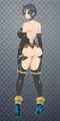 Rule 34 | 1girl, ahoge, ankle boots, artist name, ass, backless outfit, bare shoulders, belt pouch, black gloves, black hair, black thighhighs, blue eyes, boots, borrowed character, breasts, elbow gloves, eyelashes, eyeshadow, gloves, hand on ass, high heels, highres, hip focus, huge ass, impossible clothes, kneepits, large breasts, lips, looking at viewer, looking back, makeup, maniacpaint, mole, myria loussier (salverion), original, pouch, seductive smile, shiny skin, short hair, skin tight, smile, solo, thick lips, thick thighs, thighhighs, thighs