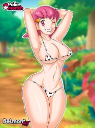 Rule 34 | 1girl, absurdres, animal print, armpits, arms behind head, arms up, artist name, belmont, bikini, breasts, cleavage, cow print, creatures (company), curvy, forest, game freak, grass, grin, highres, large breasts, looking at viewer, low twintails, micro bikini, nature, navel, nintendo, nipples, one eye closed, pink eyes, pink hair, pokemon, pokemon hgss, shiny skin, smile, solo, standing, swimsuit, thick thighs, thighs, thong bikini, tree, twintails, whitney (pokemon), wide hips, wink
