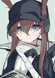 Rule 34 | 1girl, absurdres, amiya (arknights), amiya (newsgirl) (arknights), arknights, baseball cap, black jacket, blue eyes, blue hat, brown hair, commentary request, diamond-shaped pupils, diamond (shape), ears through headwear, green background, hair between eyes, hat, headphones, highres, implied extra ears, jacket, looking at viewer, newspaper, official alternate costume, open clothes, open jacket, rabbit girl, saizukiconoha, shirt, sidelocks, simple background, smile, solo, split mouth, symbol-shaped pupils, upper body, white shirt