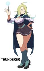 Rule 34 | 1girl, accio, bad id, bad twitter id, belt, bracelet, breasts, cape, cleavage, electricity, green eyes, green hair, hair ornament, hairclip, highres, jewelry, kneehighs, large breasts, matching hair/eyes, nail polish, original, simple background, skirt, socks, solo, thunderer (accho), white background, witch