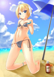 Rule 34 | 1girl, :3, barefoot, beach, bikini, bikini pull, blonde hair, blue eyes, bottle, cameltoe, clothes pull, day, from below, highres, kirisame mia, lotion, original, pulled by self, short hair, solo, sunscreen, swimsuit, umbrella