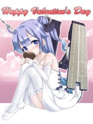 Rule 34 | 1girl, azur lane, bare shoulders, black bow, black ribbon, blue hair, bow, candy, chocolate, chocolate heart, cloud, collarbone, commentary request, criss-cross halter, detached sleeves, dress, flight deck, food, full body, gradient hair, hair bun, hair ribbon, halterneck, happy valentine, heart, highres, holding, holding food, kumaneko rococo, long hair, long sleeves, multicolored hair, one side up, purple eyes, purple hair, ribbon, shoes, side bun, single hair bun, single side bun, sitting, sleeves past wrists, solo, thighhighs, unicorn (azur lane), valentine, very long hair, white dress, white footwear, white sleeves, white thighhighs