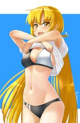Rule 34 | 1girl, a.nori, absurdres, artist name, bikini, bikini under clothes, black bikini, blonde hair, blue background, blush, border, breasts, cowboy shot, hair between eyes, highres, kantai collection, long hair, looking at viewer, open mouth, satsuki (kancolle), shirt, signature, small breasts, smile, solo, swimsuit, swimsuit under clothes, twintails, two-tone bikini, two-tone swimsuit, undressing, white bikini, white border, yellow eyes