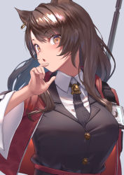 1girl, :o, animal ears, arknights, bangs, black neckwear, black vest, blush, breasts, brown hair, cat ears, collared shirt, earrings, eyebrows visible through hair, fingernails, grey background, hand up, highres, jacket, jewelry, large breasts, long fingernails, long hair, looking at viewer, necktie, open clothes, open jacket, open mouth, orange eyes, red jacket, satsuki neko, shirt, simple background, skyfire (arknights), solo, swept bangs, unzipped, upper body, vest, white shirt
