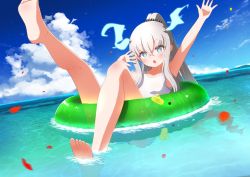Rule 34 | 1girl, absurdres, aqua eyes, arm up, cloud, dragon girl, flat chest, fukurou (hukurou), highres, holographic horns, ibuki meno, innertube, long hair, multicolored eyes, ocean, one-piece swimsuit, open mouth, ponytail, prism project, purple eyes, silver hair, solo, swim ring, swimsuit, tail removed, virtual youtuber, white one-piece swimsuit