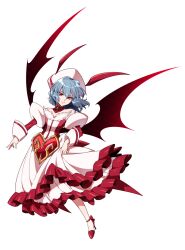 Rule 34 | 1girl, absurdres, alternate costume, bat wings, closed mouth, commentary request, commission, dress, frilled dress, frills, full body, grey hair, hat, heart, high heels, highres, kamenozoki momomo, looking at viewer, red eyes, red footwear, remilia scarlet, short hair, simple background, skeb commission, solo, touhou, white background, white dress, white hat, wings