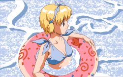 Rule 34 | 1990s (style), 1girl, 2 shot diary 2, animated, animated gif, armpits, bare arms, bare shoulders, bikini, blonde hair, blue bikini, emi (2 shot diary 2), fang, game cg, innertube, may-be soft, outdoors, partially submerged, pc98, retro artstyle, solo, star (symbol), surprised, swim ring, swimsuit, tagme, tearing up, upper body, water