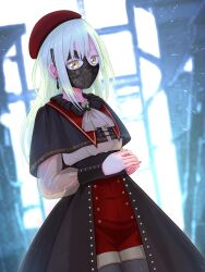 Rule 34 | 1girl, ascot, bang dream!, bang dream! it&#039;s mygo!!!!!, black capelet, black mask, black pantyhose, black skirt, capelet, commentary request, earrings, fukumaru1021, green hair, hat, highres, indoors, jewelry, long hair, looking at viewer, pantyhose, red hat, red shorts, shorts, skirt, solo, wakaba mutsumi, white ascot, yellow eyes
