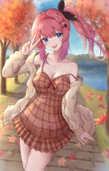 Rule 34 | 1girl, absurdres, alternate costume, autumn, autumn leaves, bare shoulders, blue eyes, blush, breasts, brown cardigan, brown dress, cardigan, chaconne (kxxx s8), checkered clothes, checkered dress, cleavage, dress, gradient hair, highres, kuramochi meruto, long hair, medium breasts, multicolored hair, nijisanji, open cardigan, open clothes, pink hair, purple hair, side ponytail, smile, solo, strap slip, v, virtual youtuber