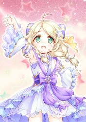 Rule 34 | 1girl, :d, ahoge, arm up, armpits, blonde hair, blush, bow, braid, commentary request, detached sleeves, green eyes, hair bow, hair ornament, highres, idolmaster, idolmaster cinderella girls, idolmaster cinderella girls starlight stage, japanese clothes, kimono, long hair, long sleeves, looking at viewer, open mouth, outstretched arm, parted bangs, purple bow, regular mow, smile, solo, star (symbol), star hair ornament, star print, white kimono, white sleeves, wide sleeves, yusa kozue