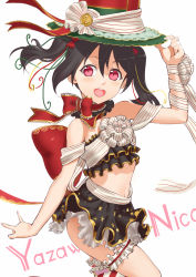 Rule 34 | 1girl, :d, back bow, black hair, black skirt, bow, character name, choker, cropped torso, hair between eyes, hair bow, jyon, long hair, looking at viewer, love live!, love live! school idol festival, love live! school idol project, midriff, miniskirt, navel, open mouth, red bow, red eyes, red neckwear, ribbon, skirt, smile, solo, stomach, striped ribbon, thigh strap, twintails, white background, white ribbon, yazawa nico