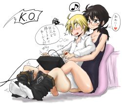 Rule 34 | 1boy, 1girl, ahoge, bad id, bad pixiv id, bare legs, barefoot, black hair, blonde hair, blush, bottomless, clothes pull, controller, crossed legs, game, game controller, glasses, joystick, leg lock, long hair, musical note, no panties, original, pants, pants pull, playing games, ponytail, short hair, simple background, sitting, smile, socks, suzurino, translation request, video game