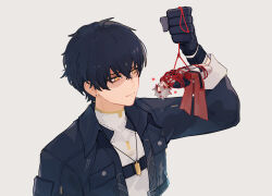 Rule 34 | 2boys, :d, ^ ^, arms behind back, black gloves, black hair, black jacket, bodysuit, bound, bound arms, bound legs, closed eyes, closed mouth, coat, collared jacket, commentary, cropped jacket, cross, cross earrings, crossed bangs, earrings, elims, flower (symbol), gloves, gold earrings, grey bodysuit, grey hair, hair between eyes, highres, jacket, jewelry, long sleeves, looking at another, male focus, male rover (wuthering waves), mini person, miniboy, multicolored hair, multiple boys, necklace, open clothes, open jacket, open mouth, parted bangs, red coat, red hair, rover (wuthering waves), scar (wuthering waves), serious, shaded face, shirt, short hair, simple background, smile, stud earrings, teeth, tied up (nonsexual), turtleneck, two-tone hair, upper body, upper teeth only, white background, white shirt, wuthering waves, yellow eyes