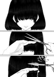 Rule 34 | 1girl, adel (adel564), black hair, comic, cutting hair, facing viewer, greyscale, hair over eyes, medium hair, monochrome, original, scissors, simple background, sound effects, white background