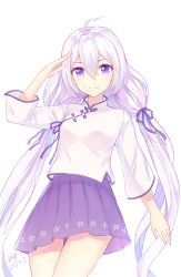 Rule 34 | 1girl, arm up, artist name, babouo, bad id, bad twitter id, character request, copyright request, dated, hair ribbon, long hair, looking at viewer, purple eyes, purple ribbon, purple skirt, ribbon, signature, skirt, smile, solo, twintails, white hair