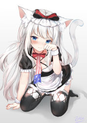 Rule 34 | 1girl, animal ears, apron, arm support, arm up, azur lane, black dress, black thighhighs, blue eyes, blush, bow, breasts, cat ears, cat girl, cat tail, closed mouth, commentary request, dress, eric (pixiv9123557), fingernails, full body, gradient background, grey background, hair bow, hammann (azur lane), highres, kemonomimi mode, long hair, looking at viewer, medium breasts, no shoes, paw pose, puffy short sleeves, puffy sleeves, red bow, seiza, short sleeves, signature, silver hair, simple background, sitting, solo, tail, thighhighs, very long hair, waist apron, white apron, white background, wrist cuffs
