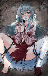 Rule 34 | 1girl, absurdres, aqua hair, assault lily, bad id, bad pixiv id, barefoot, bdsm, belt, belt buckle, blush, bondage, bound, bound legs, bound wrists, bow, breasts, brown cardigan, brown footwear, brown sailor collar, buckle, cable tie, cardigan, clenched hands, cloth gag, collarbone, commentary request, commission, covered mouth, crying, crying with eyes open, fewer digits, gag, gagged, green eyes, hair between eyes, hair spread out, hands up, heavy breathing, highres, improvised gag, indoors, kanba girls high school uniform, knees out of frame, loafers, long hair, looking at viewer, lying, medium breasts, miniskirt, on back, on floor, open belt, own hands together, raised eyebrows, red belt, red shirt, red skirt, sailor collar, school uniform, serafuku, shirt, shoes, sidelocks, single shoe, single thighhigh, skeb commission, skirt, solo, speech bubble, spread legs, tears, thighhighs, toki kureha, torn clothes, torn shirt, torn skirt, torn thighhighs, very long hair, white bow, ya-man