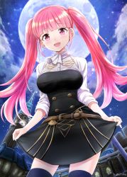 Rule 34 | 1girl, :d, belt, belt buckle, black dress, blue thighhighs, blunt bangs, blush, breasts, buckle, building, dress, fire emblem, fire emblem: three houses, fisheye, from below, full moon, highres, hilda valentine goneril, large breasts, light particles, long hair, long sleeves, looking at viewer, looking down, moon, nichika (nitikapo), night, night sky, nintendo, open mouth, outdoors, pink hair, purple eyes, school uniform, skirt hold, sky, smile, solo, thighhighs, twintails, very long hair, zettai ryouiki
