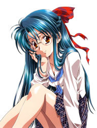 Rule 34 | blue hair, blush, glasses, highres, kawarajima kou, long hair, red ribbon, ribbon, school uniform, serafuku, smile, solo