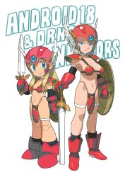 Rule 34 | 2girls, android, android 18, armor, bikini armor, blonde hair, boots, breasts, character name, cleavage, cosplay, crossover, dragon ball, dragon quest, elbow gloves, gloves, green eyes, helmet, highres, holding, holding sword, holding weapon, ishikawa hideki, large breasts, long hair, looking at viewer, mega man (classic), mega man (series), multiple girls, navel, red gloves, roll (mega man), shield, short hair, small breasts, soldier (dq3), soldier (dq3) (cosplay), sword, trait connection, weapon, winged helmet