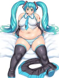 Rule 34 | 1girl, aqua eyes, aqua hair, aqua necktie, arm support, arm tattoo, bare shoulders, black footwear, black skirt, blue footwear, blue skirt, blush, boots, breasts, breasts apart, cameltoe, closed mouth, commentary request, detached sleeves, fat, full body, hair between eyes, hair spread out, hatsune miku, head tilt, headset, highres, large breasts, long hair, looking at viewer, miniskirt, muffin top, navel, necktie, orizen, panties, pleated skirt, plump, shirt, sitting, skirt, skirt around one leg, sleeveless, sleeveless shirt, smile, solo, striped clothes, striped panties, tareme, tattoo, thick thighs, thigh boots, thighs, twintails, underwear, very long hair, vocaloid, white background, wing collar