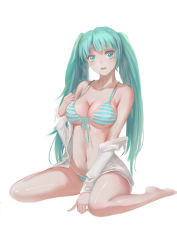Rule 34 | 1girl, absurdres, bikini, breasts, elfoo, front-tie top, full body, green eyes, green hair, hatsune miku, highres, large breasts, long hair, looking at viewer, matching hair/eyes, navel, off shoulder, open mouth, simple background, sitting, solo, striped bikini, striped clothes, swimsuit, twintails, vocaloid, wariza, white background