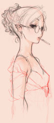 Rule 34 | 1girl, cigarette, earrings, elf, flat chest, glasses, jewelry, monochrome, original, pink theme, pointy ears, sano toshihide, sketch, smoking, solo