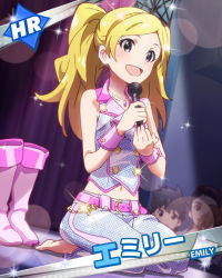 Rule 34 | 10s, 1girl, 2boys, audience, barefoot, blonde hair, boots, card (medium), character name, cuffs, emily stewart, emily stuart, idolmaster, idolmaster million live!, jewelry, knee boots, kneeling, long hair, looking at viewer, microphone, million dreams (idolmaster), million live card, multiple boys, necklace, official art, purple eyes, seiza, shoes, sitting, smile, twintails, unworn boots, unworn shoes, white footwear