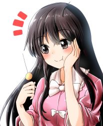 Rule 34 | 1girl, ^^^, black eyes, black hair, blush, bow, bowtie, closed mouth, dango, eating, food, hand on own cheek, hand on own face, hand up, highres, holding, houraisan kaguya, long hair, oshiaki, sidelocks, simple background, smile, solo, touhou, upper body, wagashi, white background, white bow, white bowtie