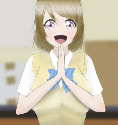 Rule 34 | 1girl, artist name, artist request, blue bow, blush, bow, brown hair, cowboy shot, dress shirt, female focus, hair between eyes, highres, koizumi hanayo, looking at viewer, love live!, love live! school idol project, open mouth, own hands together, purple eyes, rikopis2020, school uniform, shirt, short hair, short sleeves, smile, solo, striped, striped bow, sweater, sweater vest, v-neck, vest, white shirt, yellow sweater, yellow vest