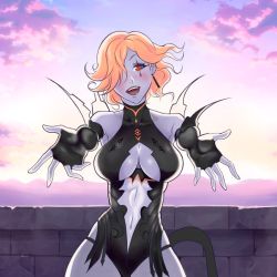 Rule 34 | 1girl, bare shoulders, black gloves, black thighhighs, boots, breasts, center opening, clear sky, cleavage, cleavage cutout, clothing cutout, covered collarbone, earrings, facial mark, female focus, fingerless gloves, fire emblem, fire emblem: three houses, gloves, hair over one eye, high heel boots, high heels, jewelry, kronya (fire emblem), large breasts, leotard, lips, looking at viewer, navel, nintendo, open mouth, orange hair, outstretched arms, pale skin, red eyes, revealing clothes, short hair, sky, sleeveless, smile, solo, spread arms, standing, tagme, teardrop tattoo, thighhighs, turtleneck, underboob, underboob cutout