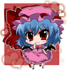 Rule 34 | 1girl, bad id, bad pixiv id, blue hair, blush, bow, fang, female focus, hat, hat bow, heart, jewelry, noai nioshi, puffy sleeves, red eyes, remilia scarlet, short hair, short sleeves, smile, solo, touhou