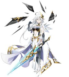 Rule 34 | 1girl, ahoge, black hair, breasts, clothing cutout, gloves, grey hair, hair between eyes, holding, holding sword, holding weapon, langrisser mobile, looking to the side, medium breasts, navel, navel cutout, official art, pointy ears, shards, short hair, sword, thighhighs, torn clothes, torn gloves, torn thighhighs, waist cape, weapon, yellow eyes, zerida, zerida (sword of light and shadow)