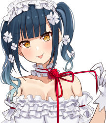Rule 34 | 1girl, absurdres, bare shoulders, blue hair, blush, breasts, brown eyes, choco tanuki, cleavage, closed mouth, collarbone, dress, flower, gloves, hair flower, hair ornament, highres, large breasts, looking at viewer, medium hair, nijisanji, off-shoulder dress, off shoulder, red flower, red ribbon, red rose, ribbon, rose, smile, solo, tongue, tongue out, twintails, virtual youtuber, wavy hair, white dress, white flower, white gloves, yamagami karuta