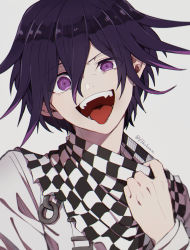 Rule 34 | 1boy, :d, black hair, checkered clothes, checkered scarf, commentary, danganronpa (series), danganronpa v3: killing harmony, evil smile, fangs, grey background, grey jacket, hair between eyes, highres, jacket, kitsunebi v3kokonn, long sleeves, looking at viewer, male focus, messy hair, open mouth, oma kokichi, purple eyes, purple hair, scarf, short hair, simple background, smile, solo, spiked hair, symbol-only commentary, teeth, tongue, tongue out, upper body, upper teeth only